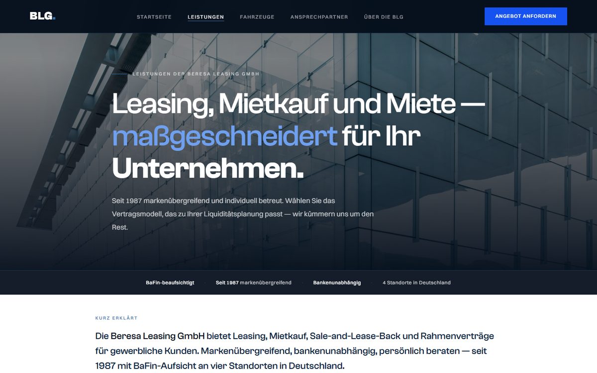 Leistungen-Seite der Beresa-Leasing-Website